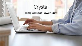  Presentation with desktop - Beautiful slide set featuring desktop computer - woman working in comfortable office backdrop and a sky blue colored foreground