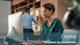  Presentation with desktop - Amazing slide set having desktop computer in her workstation backdrop and a ocean colored foreground