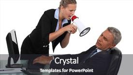  Presentation with man joined woman - Cool new slides with desktop speakers - woman with megaphone yelling backdrop and a  colored foreground