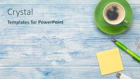  Presentation with utensils - Amazing PPT theme having desktop-with-coffee-cup-blank backdrop and a sky blue colored foreground