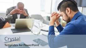  Presentation with bankruptcy - Presentation theme consisting of desperate-and-sad-business-people background and a light blue colored foreground