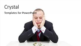  Presentation with economic - Beautiful theme featuring desperate businessman with an unbuttoned collar and a loose necktie looking depressingly at the few dollars in front of him on the table illustrating the poor economic situation backdrop and a white colored foreground