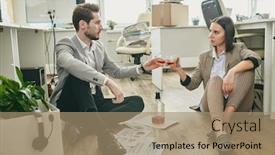  Presentation with despair - Colorful presentation design enhanced with desperate-office-people-sitting backdrop and a coral colored foreground