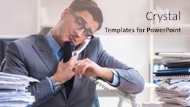  Presentation with call center - Amazing PPT theme having desperate-sad-employee-tired backdrop and a soft green colored foreground