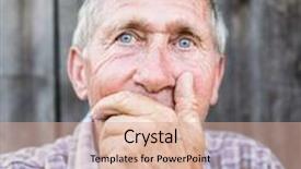  Presentation with grief - PPT theme featuring desperate senior man suffering and covering face with hands in deep depression pain emotional disorder grief and desperation concept background and a coral colored foreground