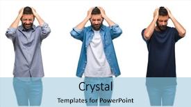  Presentation with man head in hands - Beautiful theme featuring desperation - collage of young man wearing backdrop and a light blue colored foreground