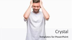  Presentation with man head in hands - Cool new slide deck with desperation - young handsome man over isolated backdrop and a  colored foreground