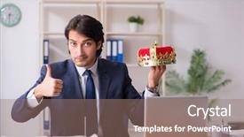  Presentation with office king - Amazing presentation design having despot - young king businessman working backdrop and a  colored foreground