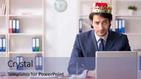  Presentation with office king - Presentation theme featuring despot - young king businessman working background and a  colored foreground