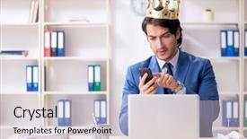  Presentation with office king - Presentation design having despot - young king businessman working background and a  colored foreground