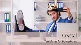  Presentation with office king - Presentation featuring despot - young king businessman working background and a soft green colored foreground