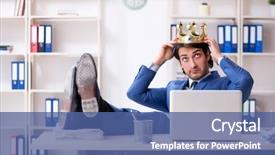  Presentation with office king - Cool new presentation design with despot - young king businessman working backdrop and a ocean colored foreground