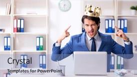  Presentation with office king - Beautiful PPT theme featuring despot - young king businessman working backdrop and a light blue colored foreground
