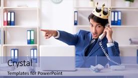  Presentation with office king - Colorful presentation design enhanced with despot - young king businessman working backdrop and a teal colored foreground