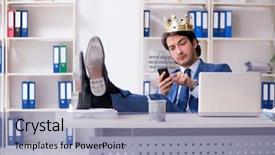  Presentation with office king - Cool new theme with despot - young king businessman working backdrop and a light blue colored foreground