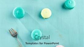  Presentation with dessert - Beautiful PPT theme featuring restaurant bright colored macaroons backdrop and a arctic colored foreground