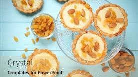  Presentation with dessert - Cool new slide deck with dessert-stand-with-delicious-crispy backdrop and a yellow colored foreground