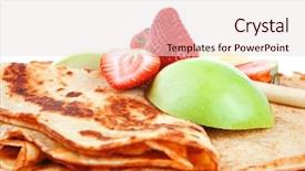  Presentation with pancake - Slide deck featuring dessert thin round pancake with honey strawberries and apple isolated over white background background and a lemonade colored foreground