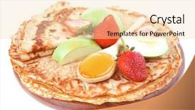  Presentation with pancake - Slides enhanced with dessert thin round pancake with honey strawberries and apple isolated over white background background and a lemonade colored foreground