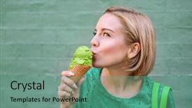  Presentation with green color - Slide deck featuring dessert trends - young happy hipster woman background and a ocean colored foreground
