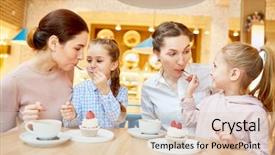  Presentation with mothers - Cool new slide set with two little girls feeding their mothers with tasty dessert while sitting in cafe at leisure backdrop and a lemonade colored foreground