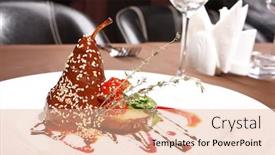  Presentation with chocolate dessert - Colorful slide deck enhanced with dessert with pears in chocolate backdrop and a coral colored foreground