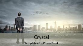  Presentation with city - PPT theme having destroying home - rear view of businessman looking background and a light gray colored foreground