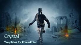  Presentation with catastrophe - Presentation theme consisting of destruction wars - destroyed place after a catastrophe background and a ocean colored foreground