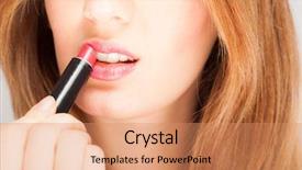  Presentation with lipstick - PPT theme with detail of a beautiful woman applying lipstick background and a coral colored foreground