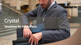  Presentation with commuter - Cool new slide deck with detail of a commuter searching for something in his briefcase backdrop and a gray colored foreground