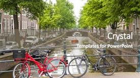  Presentation with bicycles - PPT theme having detail of bicycles locked on top of bridge in amsterdam holland with traditional canal in the background background and a gray colored foreground