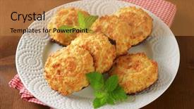  Presentation with linen - Presentation with detail of coconut cookies with chocolate served on the white plate with red linen background and a gold colored foreground