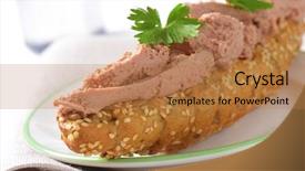  Presentation with roll - Slide set featuring detail of fresh bread roll with pate and parsley on white plate and place mat background and a coral colored foreground