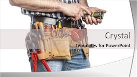  Presentation with handyman - Cool new PPT theme with detail of handyman with toolsbelt and tools isolated on white background backdrop and a soft green colored foreground
