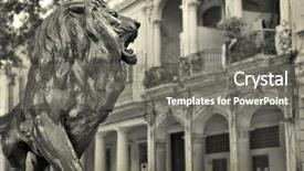  Presentation with buildings - PPT theme enhanced with lion metal statue and building background and a gray colored foreground