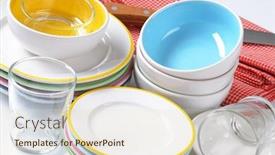  Presentation with linen - Presentation having detail of porcelain cookware - plates bowls and knife with fabric linen background and a soft green colored foreground