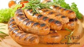 Presentation with vegetable cutting board - Cool new presentation design with detail of portion of grilled sausages with vegetable on a wooden cutting board backdrop and a gold colored foreground