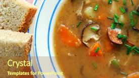  Presentation with mushrooms - Audience pleasing theme consisting of detail of potato soup with mushrooms sausage and vegetable backdrop and a tawny brown colored foreground