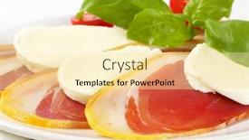  Presentation with white plate - Cool new PPT theme with detail of prosciutto and mozzarella slices with basil and cherry tomato on white plate backdrop and a blonde colored foreground