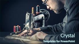  Presentation with sewing machine - PPT theme consisting of detail of sewing machine worker background and a navy blue colored foreground