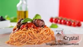  Presentation with italian cuisine - Cool new slides with detail of spaghetti with tomato sauce italian cuisine backdrop and a coral colored foreground