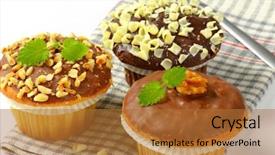  Presentation with muffins - PPT theme enhanced with detail of three chocolate muffins and fork on checkered dishtowel background and a red colored foreground