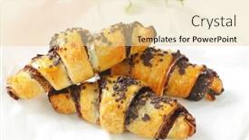  Presentation with chocolate chip - PPT theme enhanced with detail of three freshly baked chocolate chip croissants on white paper background and a blonde colored foreground