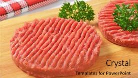 Presentation with hamburger - Theme having detail of two raw hamburger patties with parsley on wooden cutting board background and a red colored foreground