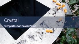  Presentation with public policy - Colorful presentation design enhanced with detail-of-unlit-cigarette-butts backdrop and a ocean colored foreground