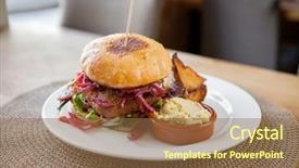  Presentation with vegetarian - Audience pleasing theme consisting of detail of vegetarian falafel burger in restaurant backdrop and a coral colored foreground