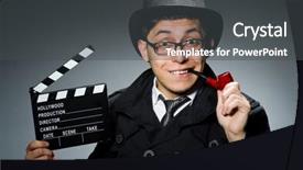  Presentation with detective - Presentation consisting of detective in black coat with clapperboard against gray background and a dark gray colored foreground
