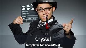  Presentation with detective - Amazing presentation having detective in black coat with clapperboard against gray backdrop and a wine colored foreground