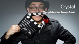  Presentation with detective - PPT layouts enhanced with detective in black coat with clapperboard against gray background and a dark gray colored foreground
