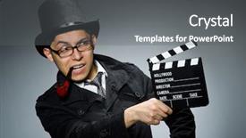  Presentation with detective - Colorful PPT theme enhanced with detective in black coat with clapperboard against gray backdrop and a gray colored foreground